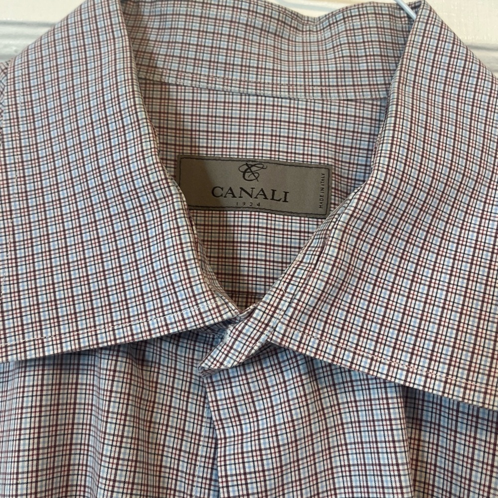 Canali Men's Burgundy and White Checkered Dress Shirt